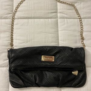 bebe Black, fold over Shoulder Purse/ clutch Gold Tone Hardware Chain Strap